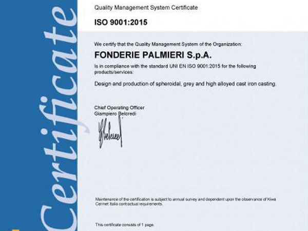 Certificato sistema gestione qualità ISO 9001:2015