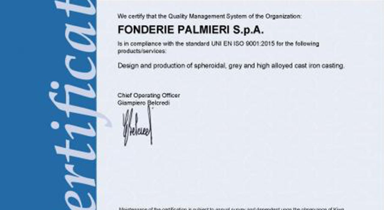 Certificato sistema gestione qualità ISO 9001:2015
